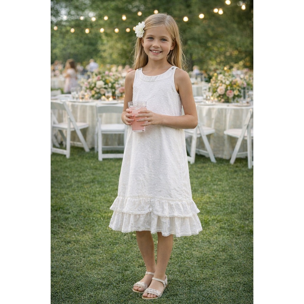 Hanna Andersson Girls 10 (140) White Cotton Floral Eyelet Ruffle Shift Dress